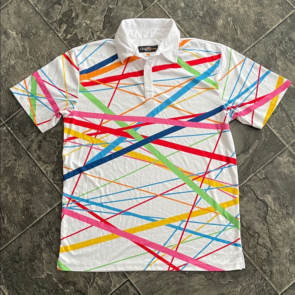 LOUDMOUTH Men’s White Multi-Colour Maximalism Graphic Sporty Polo Golf Shirt